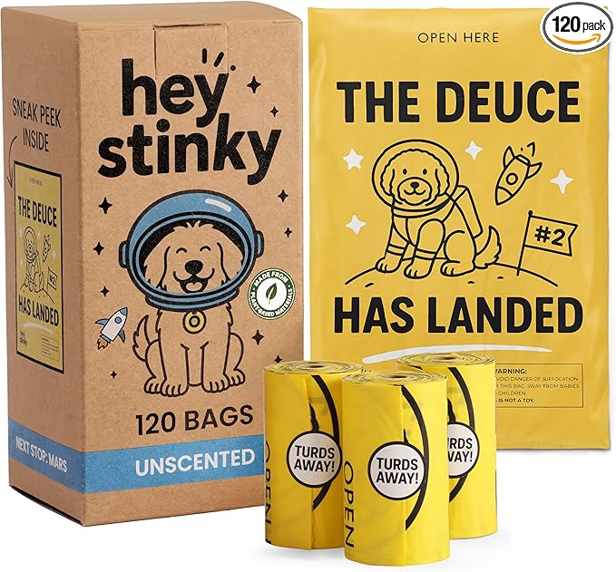 Dog Poop Bags 120 Count – Leakproof, Extra Thick & Easy Open | Unscented Plant-Based PLA + PBAT, Fits All Dispensers | Funny Hey Stinky Design – $1 Donated to Service & Therapy Dogs