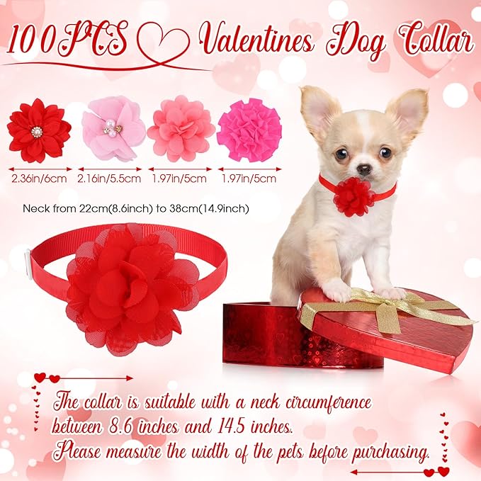 Reginary 100 Pcs Valentine's Day Dog Collar Flowers Bulk Flowers Pet Bows Floral Cat Accessory Adjustable Nylon Multicolor Pet Bowties Floral Collar for Small Pets(Romantic Color)