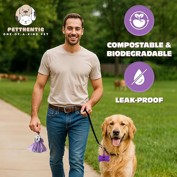 Biodegradable Dog Poop Bags with Dispenser & Holder – Scented, Leak-Proof & Eco-Friendly Cornstarch Waste Bags for Dogs & Cats, Strong & Easy to Use, Includes Poop Bag Clip