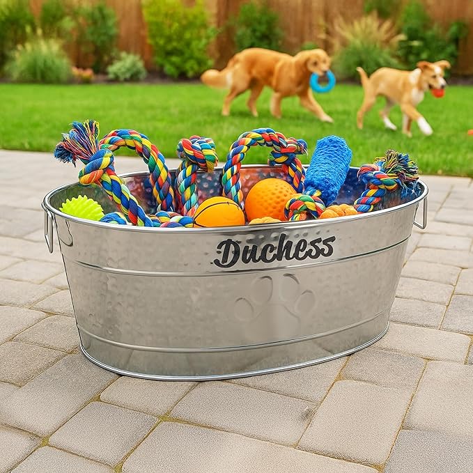 BREKX Personalized Metal Dog Toy Box - StainIess SteeI Storage Bin with Handles, Basket for Pet Toys, Dog Toy Box, Pet Storage - Custom Dog Name Gift