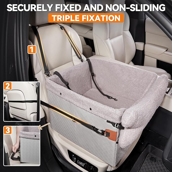 Dog Car Seat for Small Dogs,PU Leather Pet Car Seat Boosters,Puppy Cat Carseats with Washable Removable Cover(Grey, Medium)