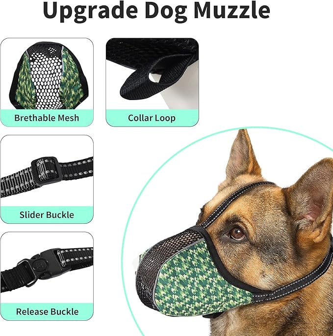 Dog Muzzle for Extra Small Dogs Anti & Prevent Biting Chewing Barking Soft Air Mesh Muzzles Reflective Ajustable Full Coverage Dog Mouth Guard Cover for Grooming Scavenging Green XS