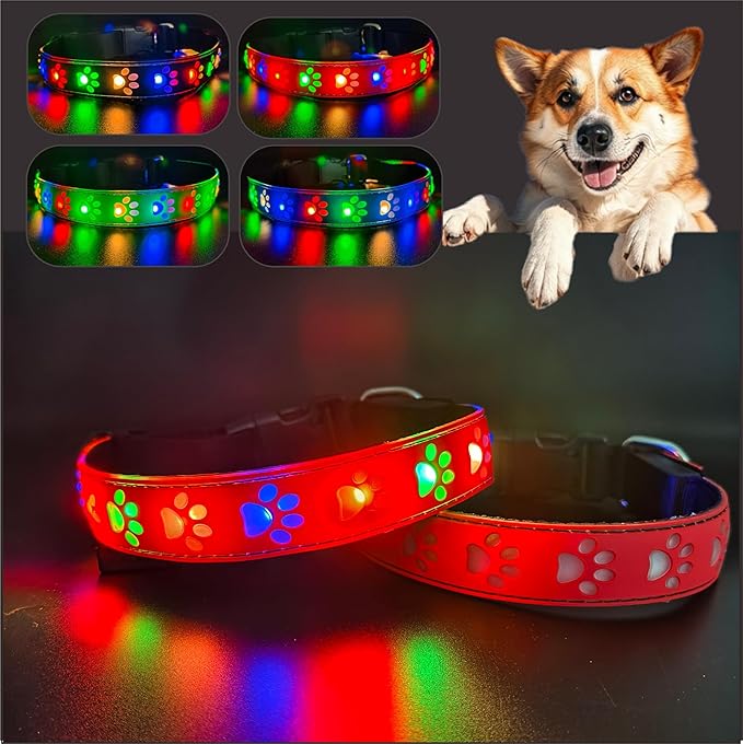 LED Dog Collar with Paw Print Design, 15 Light Modes, Waterproof, Includes Bone-Shaped Name Tag, Multiple Colors (RED Pro, XL(19.7-23.6"))