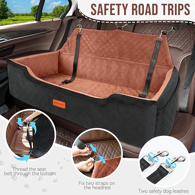 Large Dog Car Seat Under 100 lbs, Washable Dog Car Bed for 2 Medium Dogs, Detachable Pet Booster Seat with Storage Pocket and Seat Belt for Back Seat Dog Travel Bed