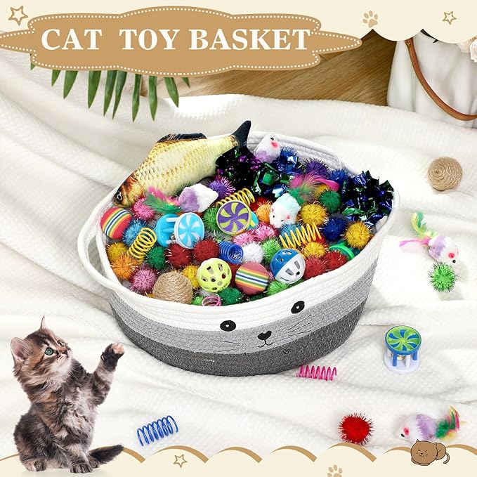 Zopeal 58 Pcs Cat Storage Basket Gift Toys Set, Colorful Flashing Balls Pet Bell Crinkle Balls Spring Toys Attract Cat to Swat, Hunt, Interactive for Pet(Multicolor,12 Inch)