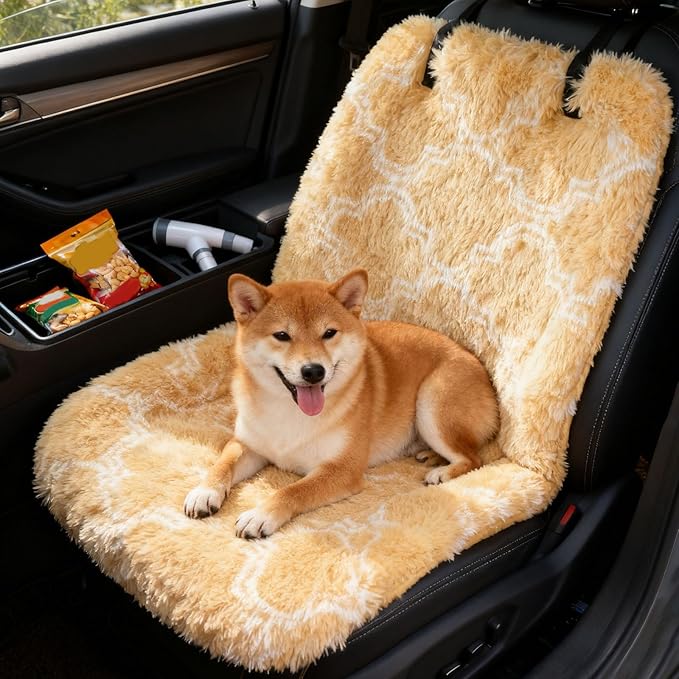 Generic Dog Car Seat for Dogs,Fluffy Pet Seat with Detachable Washable Cushion, Portable Travel-Safe Bed for Cars with Safety Belts (Yellow, 72X60cm)
