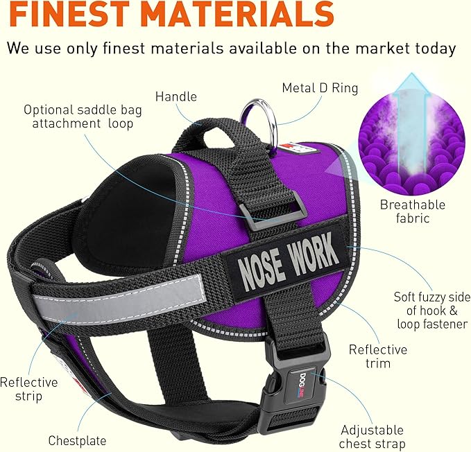 Dogline Vest Harness for Dogs and 2 Removable Nose Work Patches, Medium/22 to 30", Purple