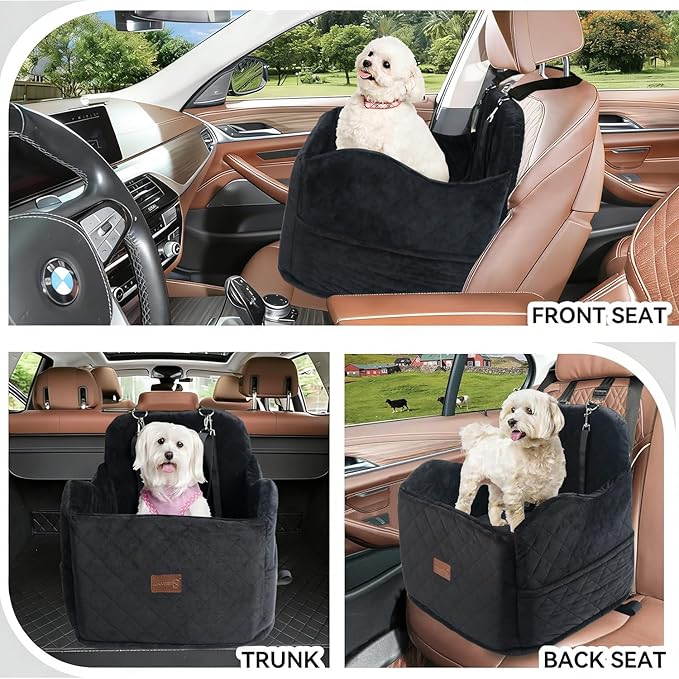 Juniverse Dog Booster Car Seat for Small to Medium Dogs Up to 30 lbs, Memory Foam, Washable Velvet Fabric Cover, Safety Leash, Storage Pockets, 19x19x19 Inches (Black)