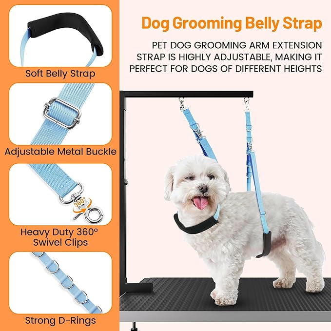 Dog Grooming Belly Strap - Dog Grooming Table Arm Extender with Clamp Extension Loop Bathing Restraint Leash No Sit Haunch Holder for Small & Medium Dogs Hair Cutting Washing (Blue)