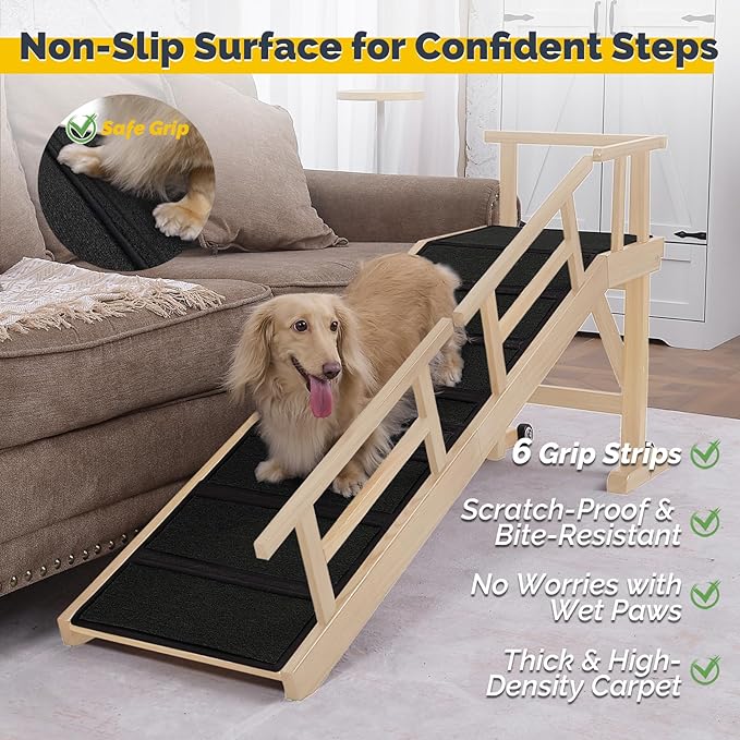 Dog Ramp for Bed or Couch, Wooden Pet Ramp with 20° Gentle Slope, Removable Side Rails, Non-Slip Surface, Top Platform & Wheels, Safe Bed Ramp for Small, Medium & Senior Dogs, 60" Long, Natural