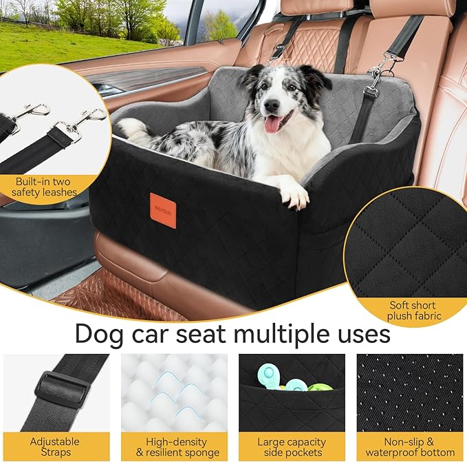 Dog Car Seat for Medium/Large Dogs, Memory Foam Pet Booster Seat for Under 55 lbs or 2 Small Dogs, Detachable Dog Car Bed for Backseat with 2 Safety Leashes and Pockets(Black/Grey, Large)