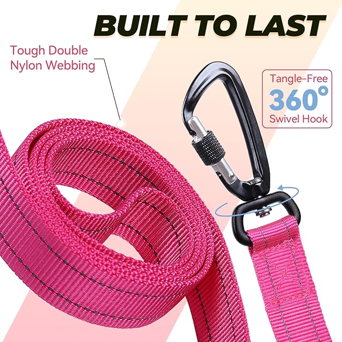 VIVAGLORY Dog Leash Lighthook Double Handle Dog Leash with Traffic Handle & Locking Carabiner for Walking & Training, Traffic Control Lightweight Carabiner for Puppy Pet, 6ft x 1in, Pink