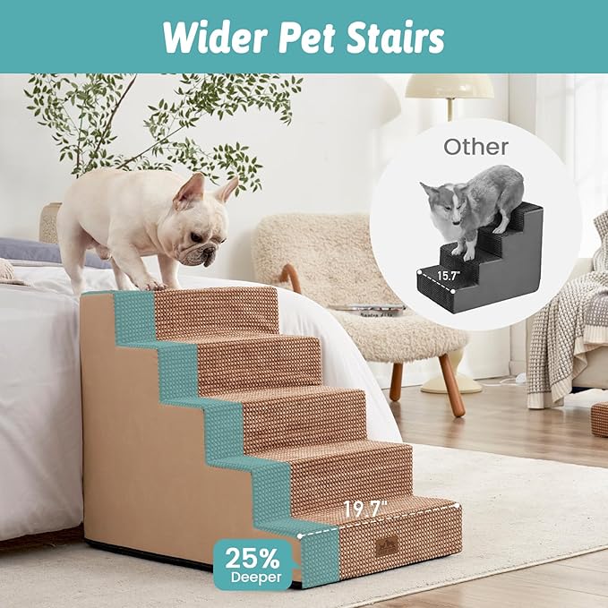 Dog Stairs for Small Dogs 5-Step, 19.7" Extra Wide Right-Angle Pet Stairs for Couch and Beds, Anti-Slip Dog Steps for Old Cats and Lowrider, 19.7x29.5x23.6 inch, Light Brown
