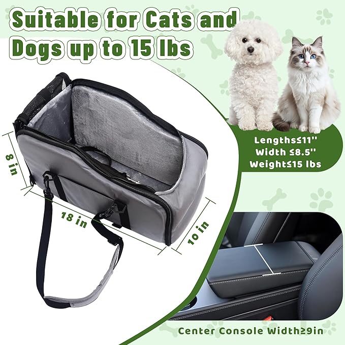 Center Console Dog Car Seat for Small Dogs, Portable Car Booster Seat, Upgrade Puppy Seat with Adjustable Seat Belts, Puppy Carrier Travel Backpack Supports Pets Up to 15 lbs