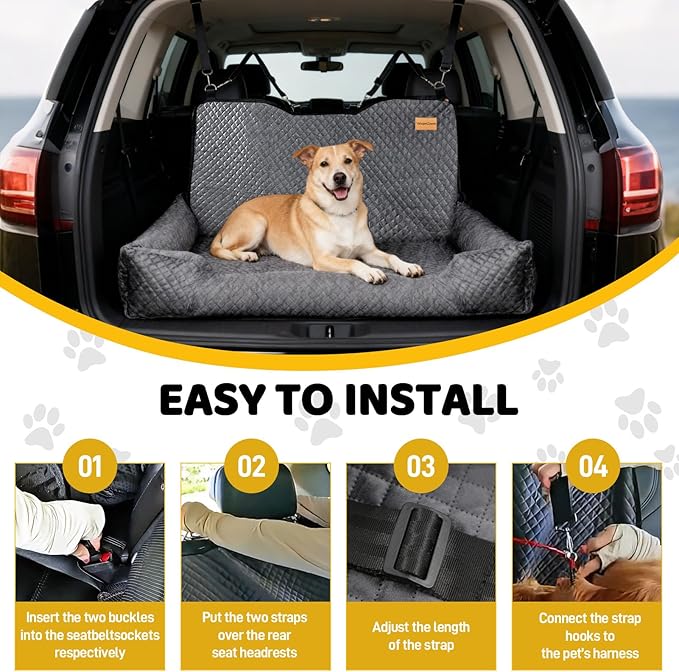 Dog Bed for Car Back Seat,Car Seat for Dogs Under 100 lbs,Pet Booster Seat Cushion,Easy to Install with 2 Safety Leashes,Gray