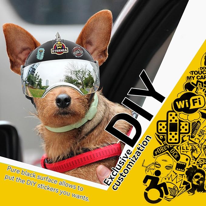 PETLESO Dog Helmet with Anti-UV Silver Goggles, Small Dog Motorcycle Helmet with Ear Holes, Drop-Down Biking Helmet, Adjustable Hat for Small Dogs Heads Protection with Rivets, Silver Lens