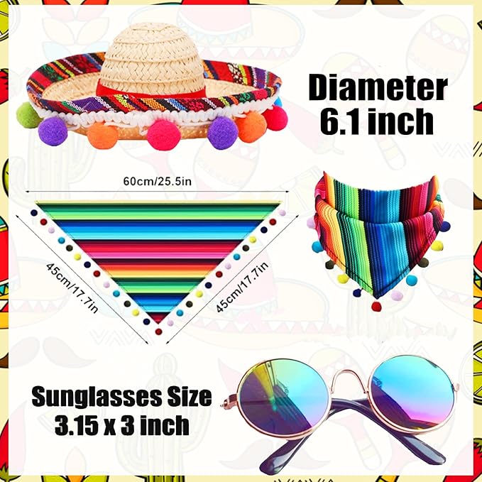 Multicolor Cinco De Mayo Cat Bandana & Dog Triangle Bib - 9 PCS Mexican Pet Bandanna Sunglasses, Sombrero Hat & Mustache Decorations