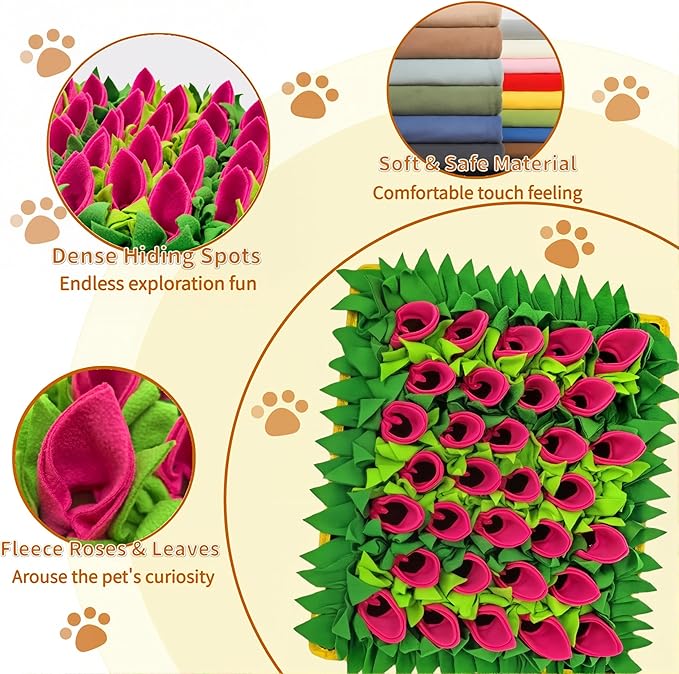Snuffle Mat for Dogs, Cats, Rabbits, Guinea Pigs, Durable Washable Pet Feeding Mat, Flower & Grass Slow Feeder, Nose Work Training Pad, Anxiety Relief & Mental Stimulation(S, Rose Red)
