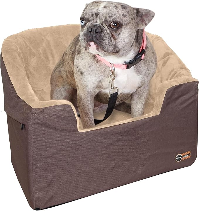 K&H Pet Products Bucket Booster Dog Car Seat, Seat Belt Secured, 2 Safety Leashes, Washable Covers, Sturdy Dog Booster Seats for Small to Medium Pets - Large Tan/Tan