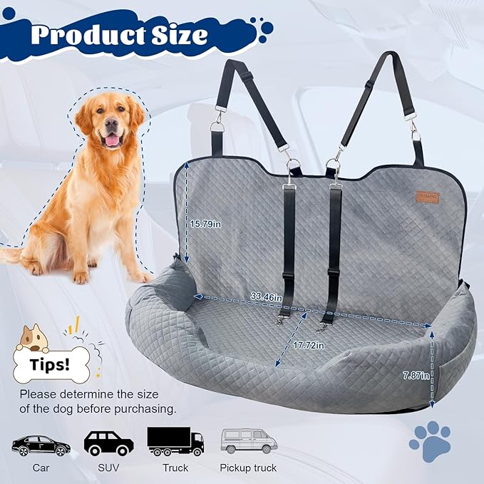 Dog Car Seat for Large/Medium Dog Pet Under 55 lbs or 2 Small Dogs Detachable Washable Travel Bed Fits Cars Trucks SUV