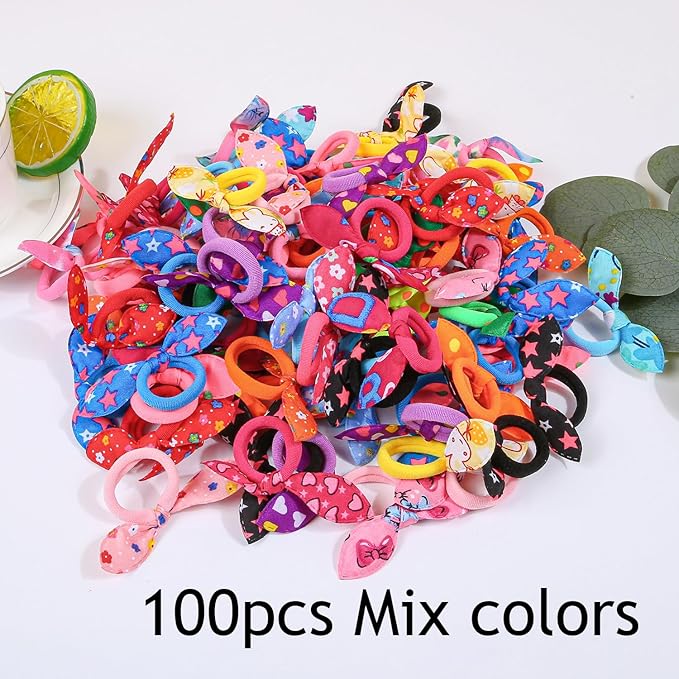 XIMA Dog Hair Accessories Set, 100 Pieces Colorful Rabbit Ear Hair Ties with Elastic Bands, Pet Grooming Bows for Dogs