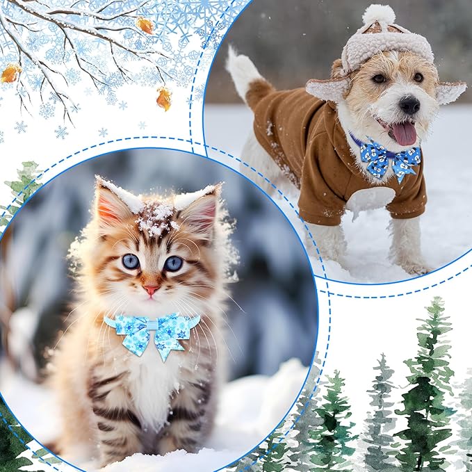 Maitys 80 Pcs Winter Snowflake Dog Bow Tie Adjustable Winter Dog Collar with Bow Ties 20 Styles Snow Snowman Snowflake Elk Pet Grooming Accessories Attachment Pet Supplies for Xmas Holiday Decor
