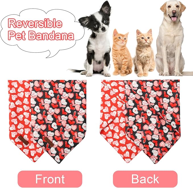 ARING PET Valentine's Dog Bandana 2 Pack-Cute Black&Red Heart Dog Triangle Bibs, Reversible Wedding Pet Scarf for Dogs and Cats