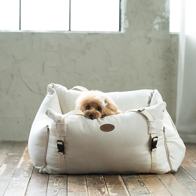 Dog Car Seat for Small Medium Large Dogs, Sofa Fabric&Eco-Friendly Microfiber Velboa, Detachable and Washable Travel Dog Booster with Thick Cushion (Vanilla Latte, L)