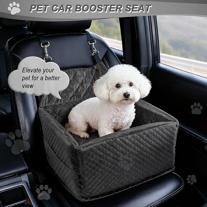 Memory Foam Dog Car Seat for Small/Medium Dogs,Travel Booster Seat for Dogs up to 35 lbs, Washable Removable Cover & Storage Pockets, Comfortable & Safe Car Seat for Pet Travel