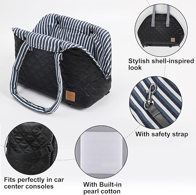 Small Dogs Under 12 lbs Adjustable Portable Center Console Car Seat, Built-in Bubble wrap, Fits Most Cars & SUVs with Convenient Handbag Functionality, Stylish Travel Pet Bag (Black)