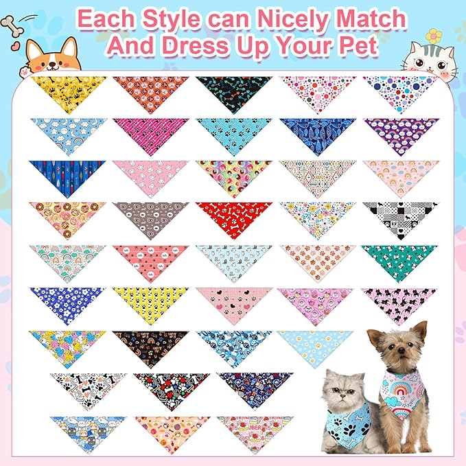 Amylove 120 Pcs Dog Bandanas Bulk Holiday Triangle Dog Pack Puppy Kerchief Bandana Adjustable Pet Scarf for Pet Cat Costume Accessories Decor(Cartoon)