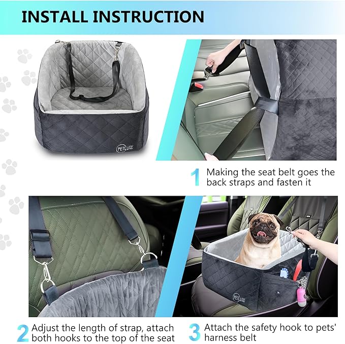 Dog Car Seat – Soft and Comfy Dog Booster Car Seat for Small, Medium Dogs Weighing Up to 30 lbs – Washable and Detachable Puppy Booster Seat with Strap and Pocket – Pet Travel Essential