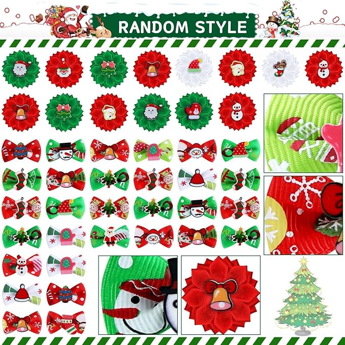 Weewooday 70 Pcs Dogs Hair Holiday Dog Bows Bowtie with Rubber Band Pet Hair Accessories Puppy Bowknot Topknot Pet Grooming Bow for Holiday Christmas Small Puppy Decor(Multiple Style)
