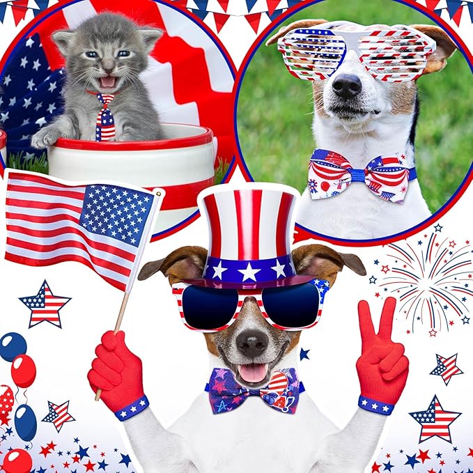 Eccliy 120 Pcs 4th of July Patriotic Dog Bow Ties Independence Day Red White Blue Bow Ties Dog Collars American USA Memorial Day Patriotic Bowties Neckties Adjustable Basic Pet Collars Accessories