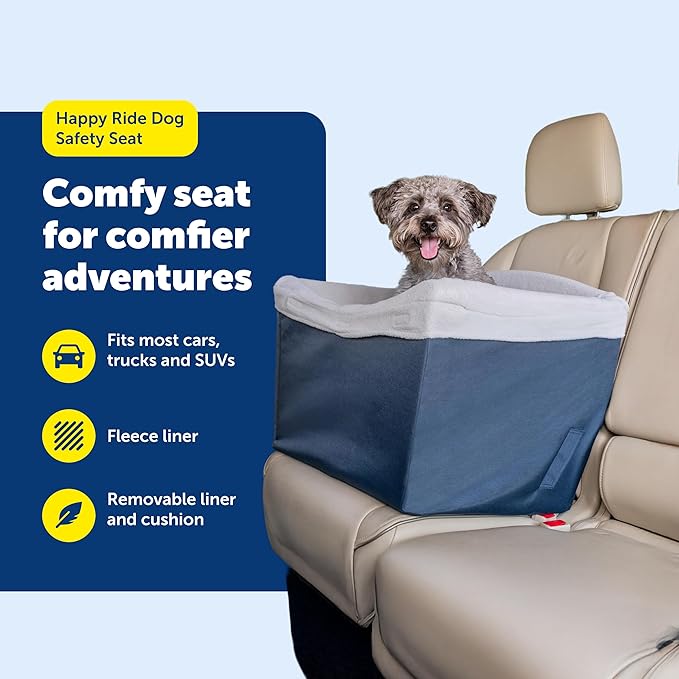 PetSafe Happy Ride Dog Safety Seat - Protects Car Seats from Hair & Scratches - Elevated Design for Better View - Machine Washable Fleece Liner - for Dogs Up to 30 lb - Navy