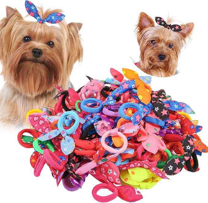 XIMA Dog Hair Accessories Set, 100 Pieces Colorful Rabbit Ear Hair Ties with Elastic Bands, Pet Grooming Bows for Dogs