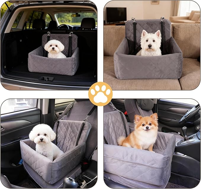 Dog Car Seat for Small Dogs Under 30 lbs, Memory Foam Booster Seat with Detachable Washable Cover, Travel-Safe Pet Car Bed with Safety Belts & Storage Pockets, Anti-Slip Bottom (Grey)