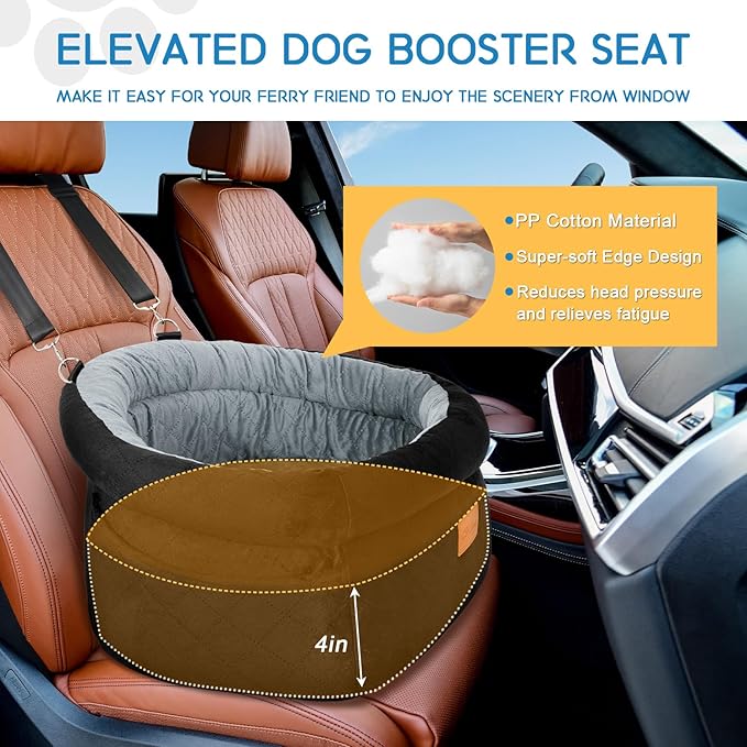 Cozy Dog Car Seat for Small Dogs Up to 30lbs, Elevated Memory Foam Booster Seat, Pet Travel Bed with Washable Removable Cover & Storage Pockets(Black&Gray)