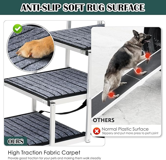 Dog Ramp for Car, Extra Wide Dog Car Stair for Large Dogs, Pet Steps Lightweight Aluminum Foldable Dog Steps for Cars and SUV,High Beds, Trucks, Supports up to 200 lbs (Extra Wide-4 Steps with Rug)