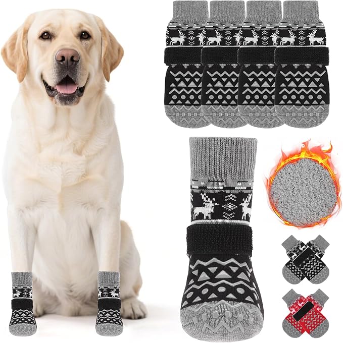 KOOLTAIL Dog Socks to Prevent Licking Paws, Dog Christmas Outfit Shoes for Winter Snow Pavement, Warm Fleece Pet Boots & Paw Protector for Hardwood Floors Anti Slip, Small Medium Large Senior Dogs, XL