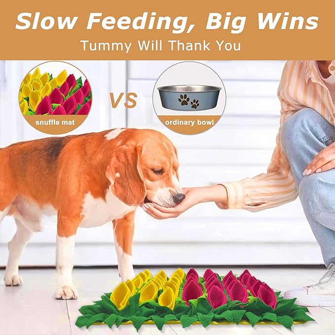 Snuffle Mat for Dogs, Cats, Rabbits, Guinea Pigs, Durable Washable Pet Feeding Mat, Flower & Grass Slow Feeder, Nose Work Training Pad, Anxiety Relief & Mental Stimulation(S, Yellow/Rose Red)