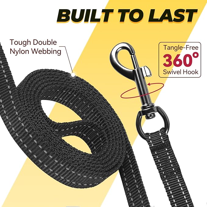 VIVAGLORY Twingrip Dog Leash, Double Handle Dog Leash for Training & Walking with Traffic Handle & 2 Loop, Traffic Control Reflective Heavy Duty for Puppy Pet, 4ft x 1/2in, Black
