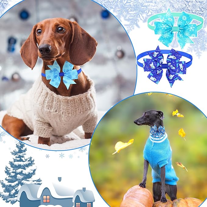 Maitys 80 Pcs Winter Snowflake Dog Bow Tie Adjustable Winter Dog Collar with Bow Ties 20 Styles Snow Snowman Snowflake Elk Pet Grooming Accessories Attachment Pet Supplies for Xmas Holiday Decor