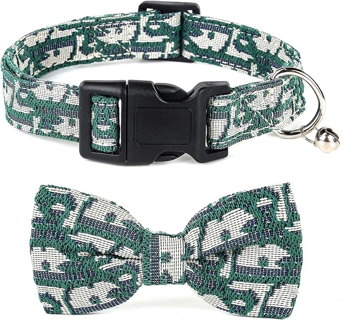 Bowtie Collars for Small Dogs, Elegant Puppy Collars, Tiny Dog Collars with Bowtie Adjustable 9.8"-13.8", Green, S
