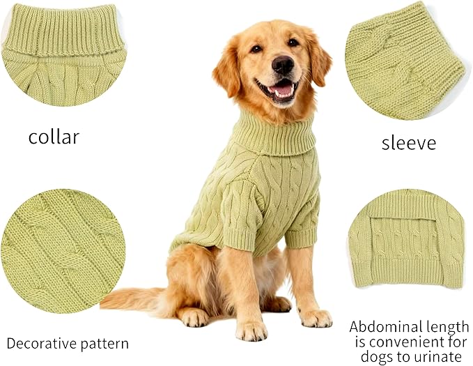 Small/Medium Dog Sweater, Warm Dog Winter Coat w/Sleeves, Comfortable High Neck Premium Dog Clothes for Golden Retriever-Best for Holidays, Daily Walks XXL Light Green