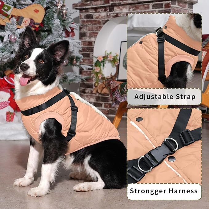 Dog Jacket with Harness,Fleece Lined Warm Puppy Coat for Winter,Soft Windproof Small Dog Vest,LightOrange S