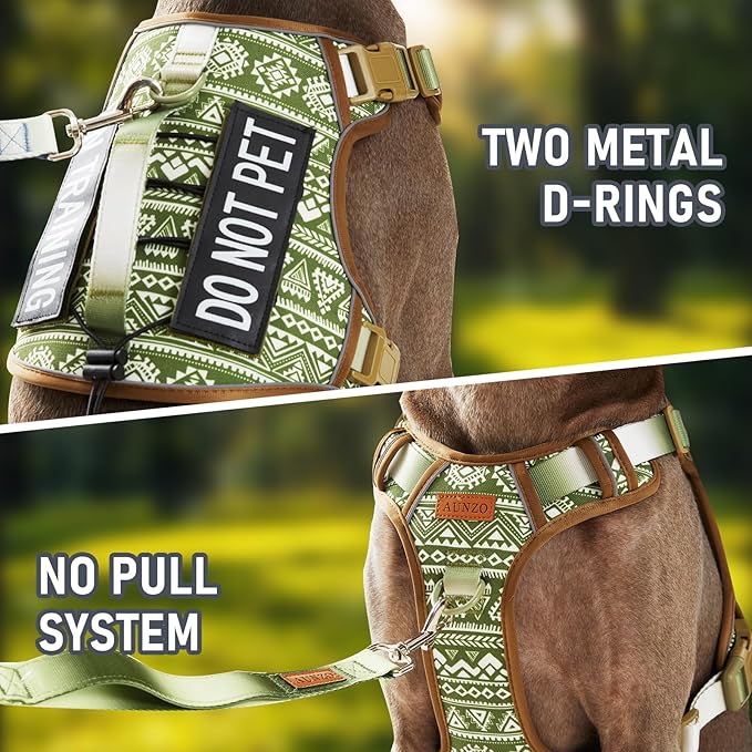 Service Dog Vest Harness with 2 Velcro Patches, No Pull Dog Harness for Walking Training Hiking, Metal D-Rings Easy on/Off Neck Buckle Reflective Strips Soft Padded Handle, Green