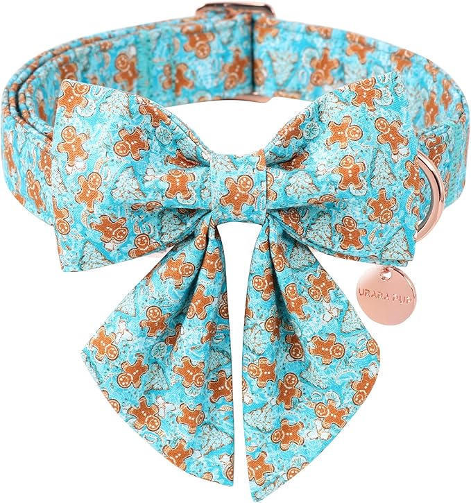 Christmas Dog Collar with Bow Tie,Adjustable Gingerbread Pet Collar,Chriatmas Puppy Bowtie Collar for Small Medium Large Dogs, XS, Neck 8-12in