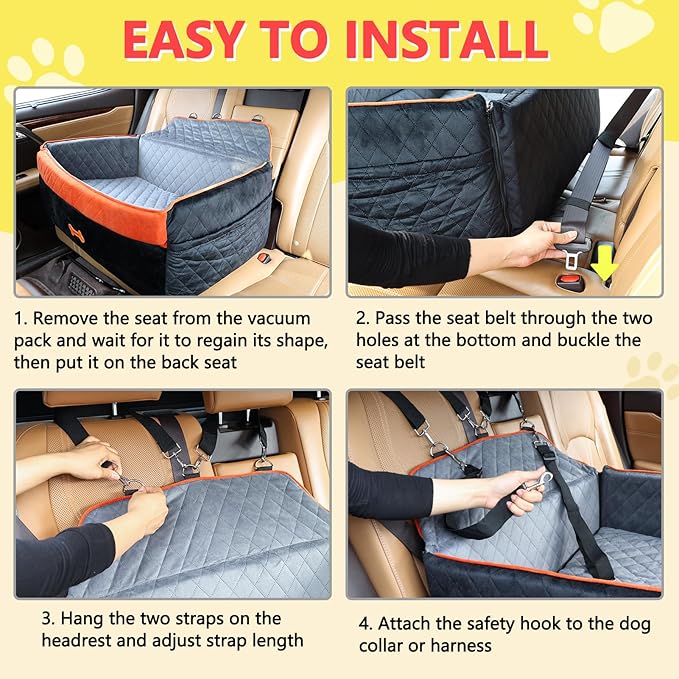 PetsHome Dog Car Seat for Medium Large Dogs, Detachable Washable Dog Booster Seat with Memory Foam Cushion, Side Pockets, 2 Clip-On Safety Leashes Pet Car Seat for Dogs Up to 60 lbs-Black