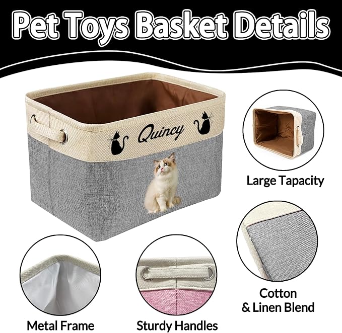 Personalized Dog Toy Storage Basket Custom Dog Name Photo Cat Pet's Gift Baskets Collapsible Organizer Box Foldable Storage Basket with Handle for Toys, Coats, Clothing, Blankets, Blue